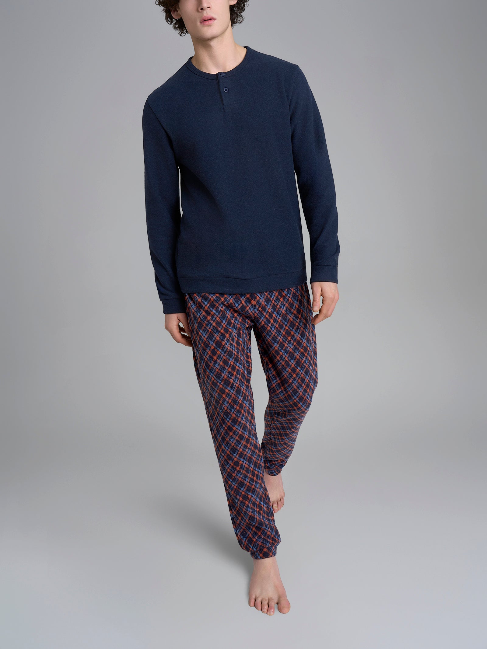 Pigiama a serafino con fantasia tartan in Cotton Eco Pile Blu Uomo - Ragno