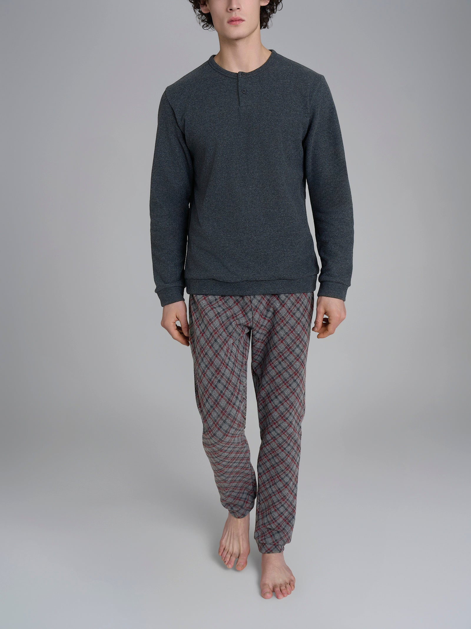 Pigiama a serafino con fantasia tartan in Cotton Eco Pile Neri Uomo - Ragno