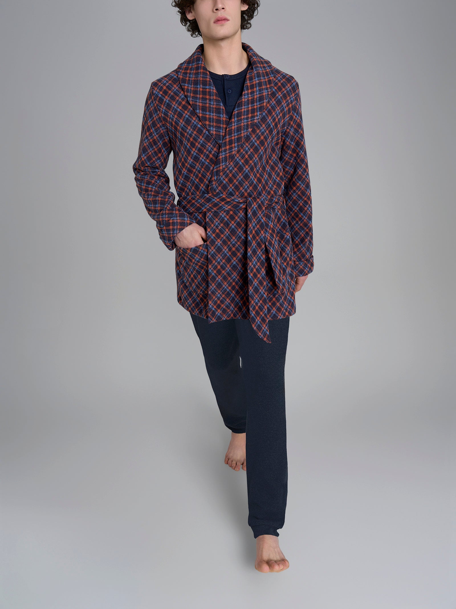 Vestaglia tartan corta in Cotton Eco Pile Blu Uomo - Ragno