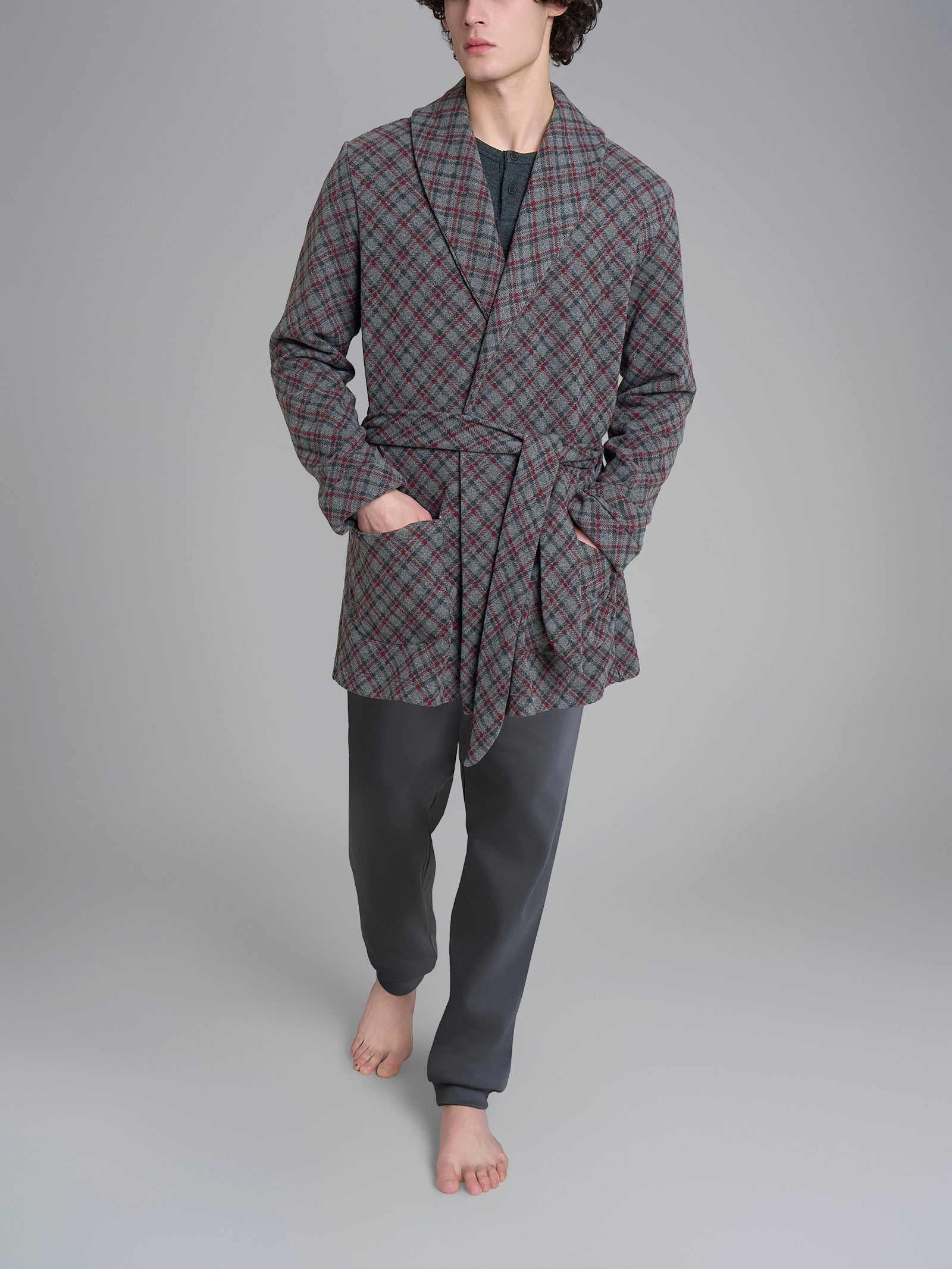 Vestaglia tartan corta in Cotton Eco Pile Neri Uomo - Ragno