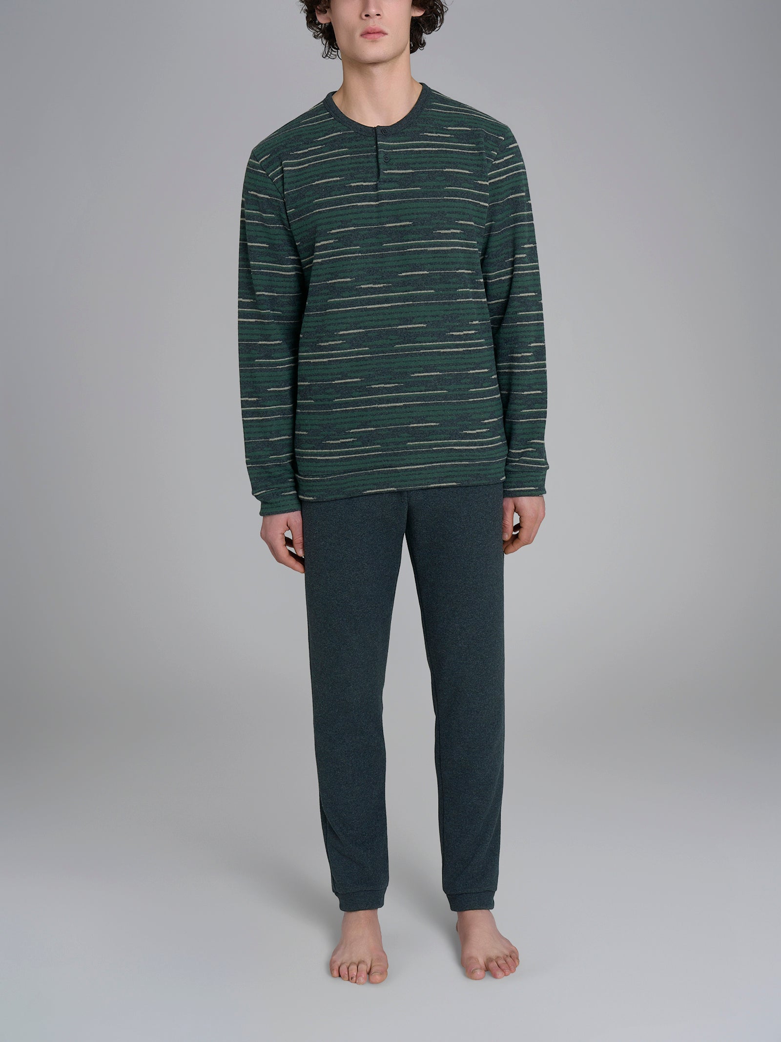 Pigiama a serafino a righe in Cotton Eco Pile Verdi Uomo - Ragno