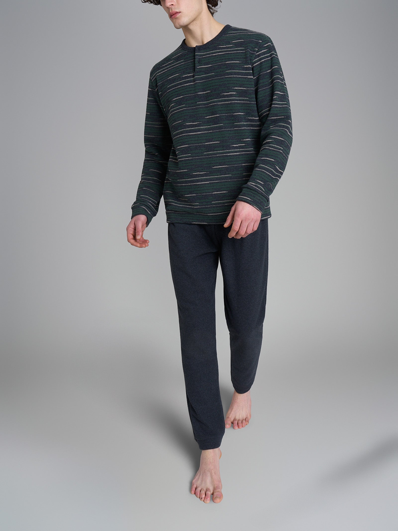 Pigiama a serafino a righe in Cotton Eco Pile Verdi Uomo - Ragno