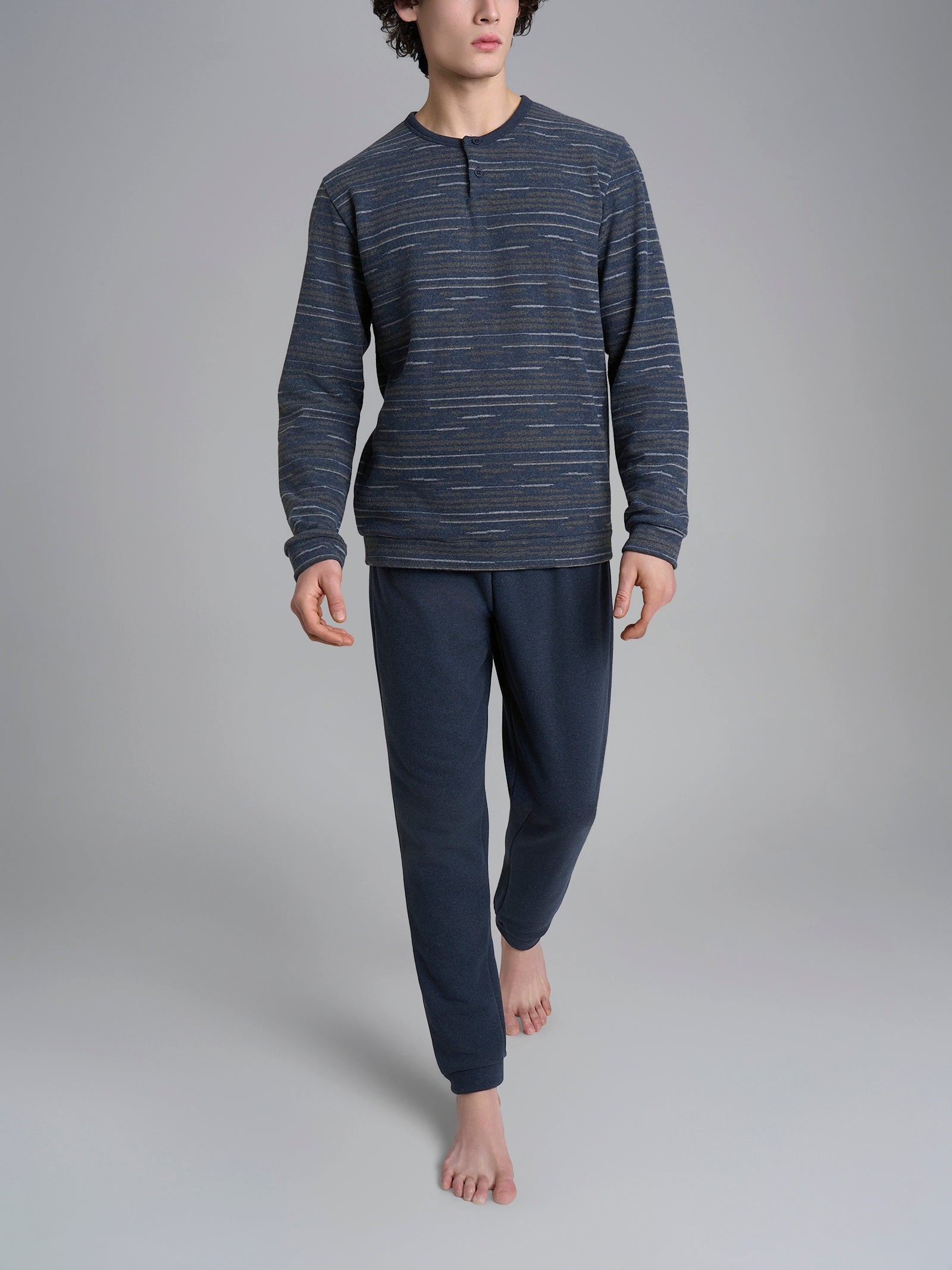 Pigiama a serafino a righe in Cotton Eco Pile Viola Uomo - Ragno