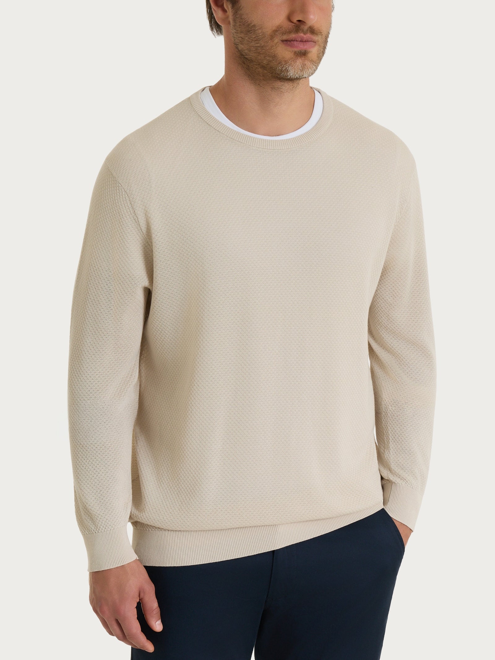 Maglia girocollo con punto nido d’ape in Puro Cotone Bianchi Uomo - Ragno