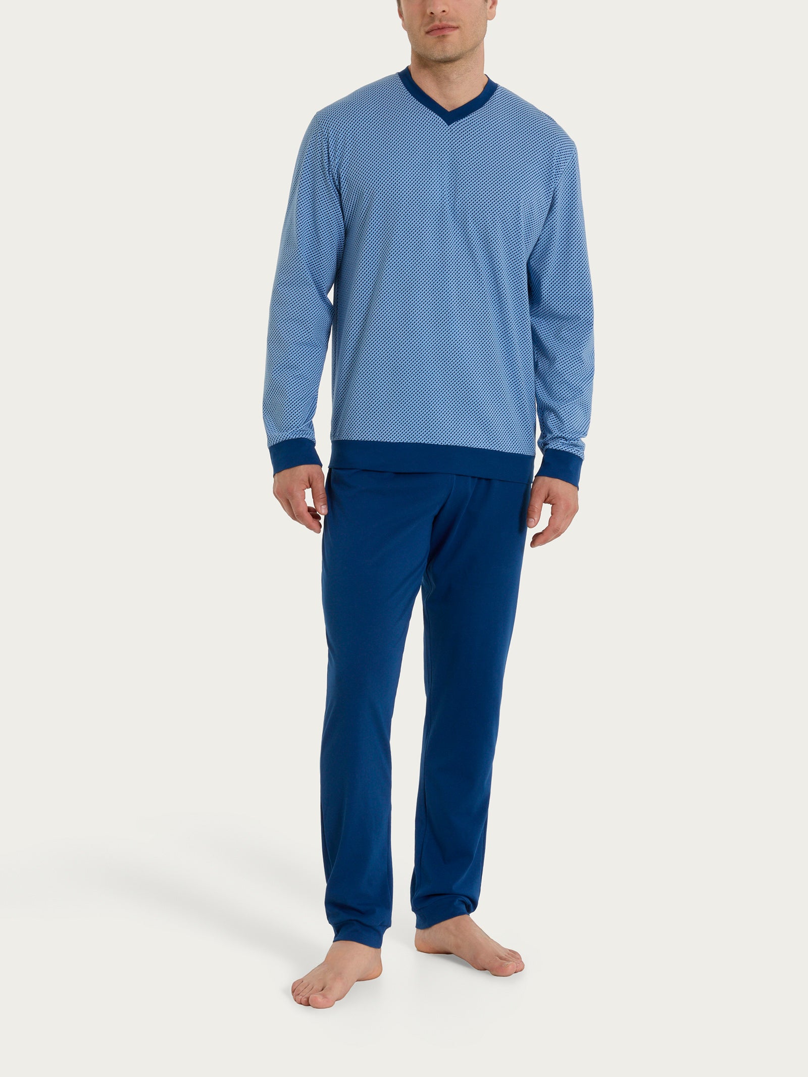 Pigiama con scollo a V e fantasia a quadri in Jersey di Cotone Azzurri Uomo - Ragno