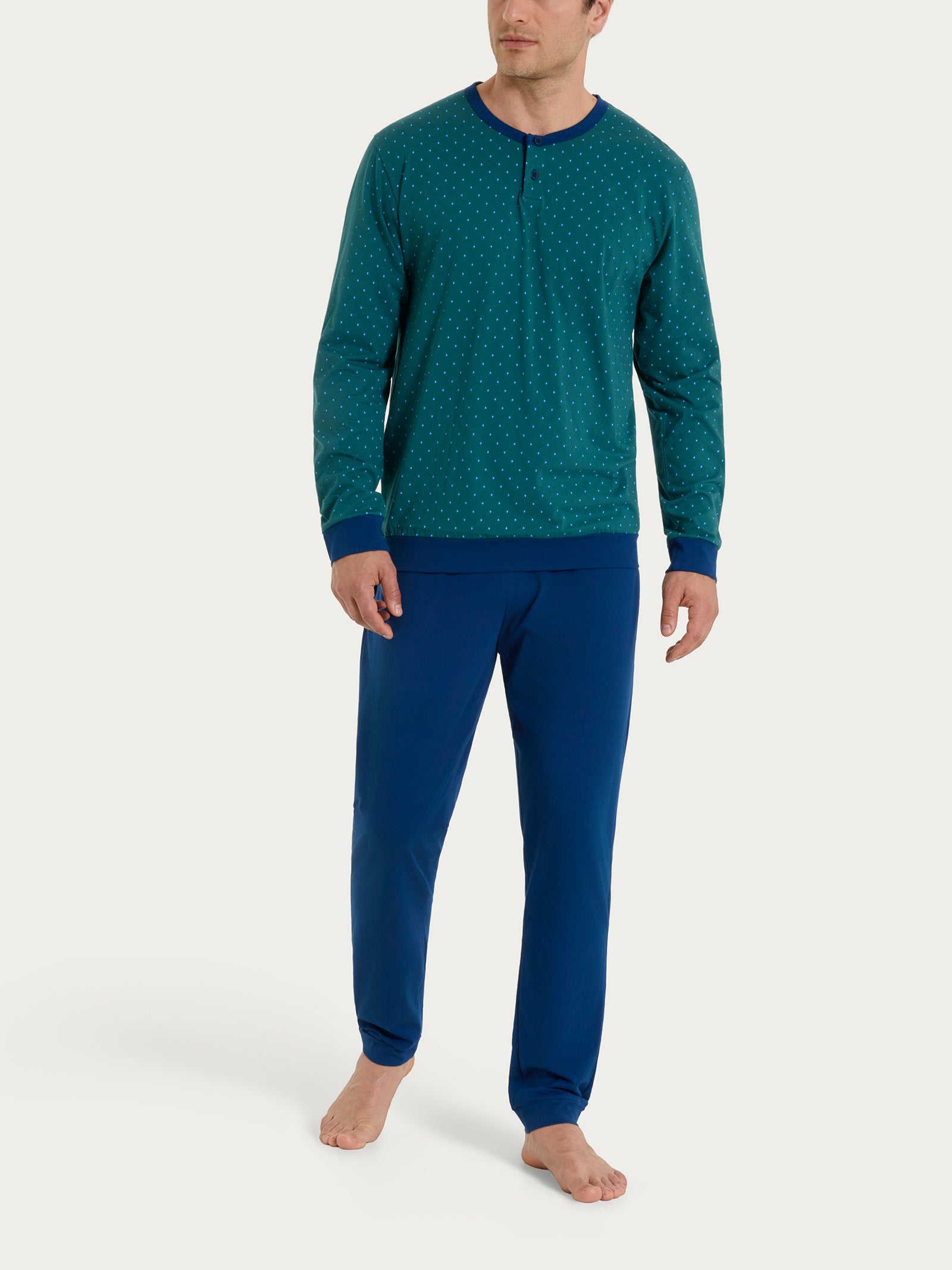 Pigiama a serafino con micro rombi in Jersey di Cotone Verdi Uomo - Ragno