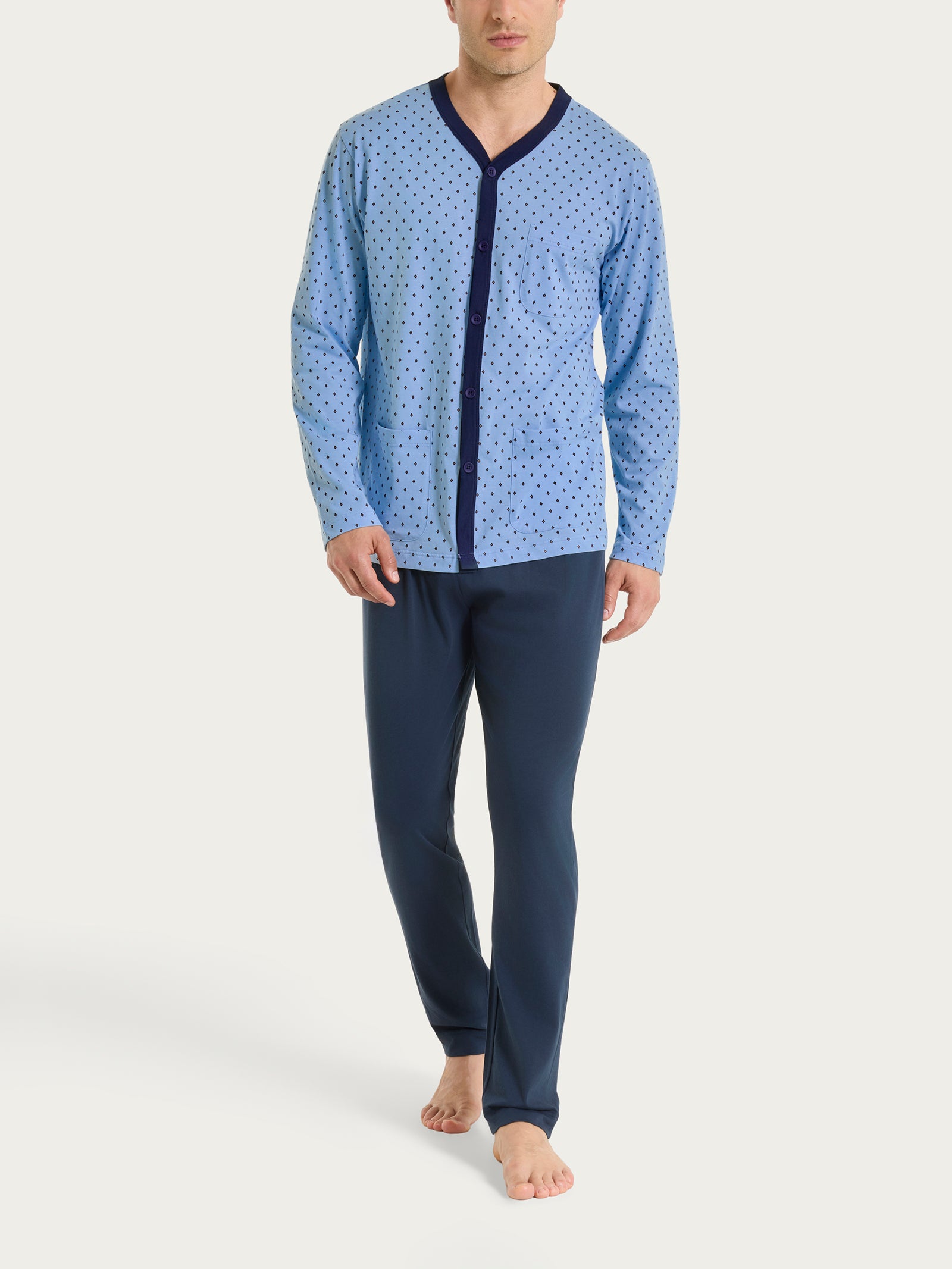 Pigiama aperto con micro rombi in Jersey di Cotone 44-56 Azzurri Uomo - Ragno