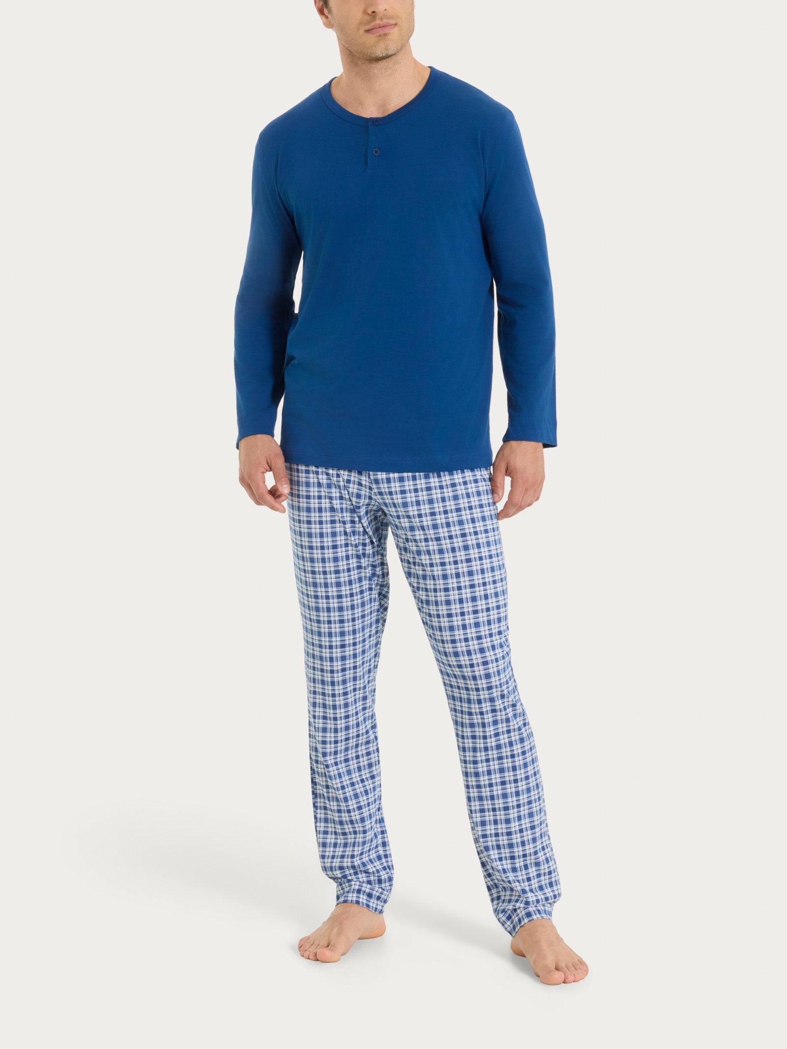 Pigiama tartan a serafino in Jersey di Cotone  Blu Uomo - Ragno