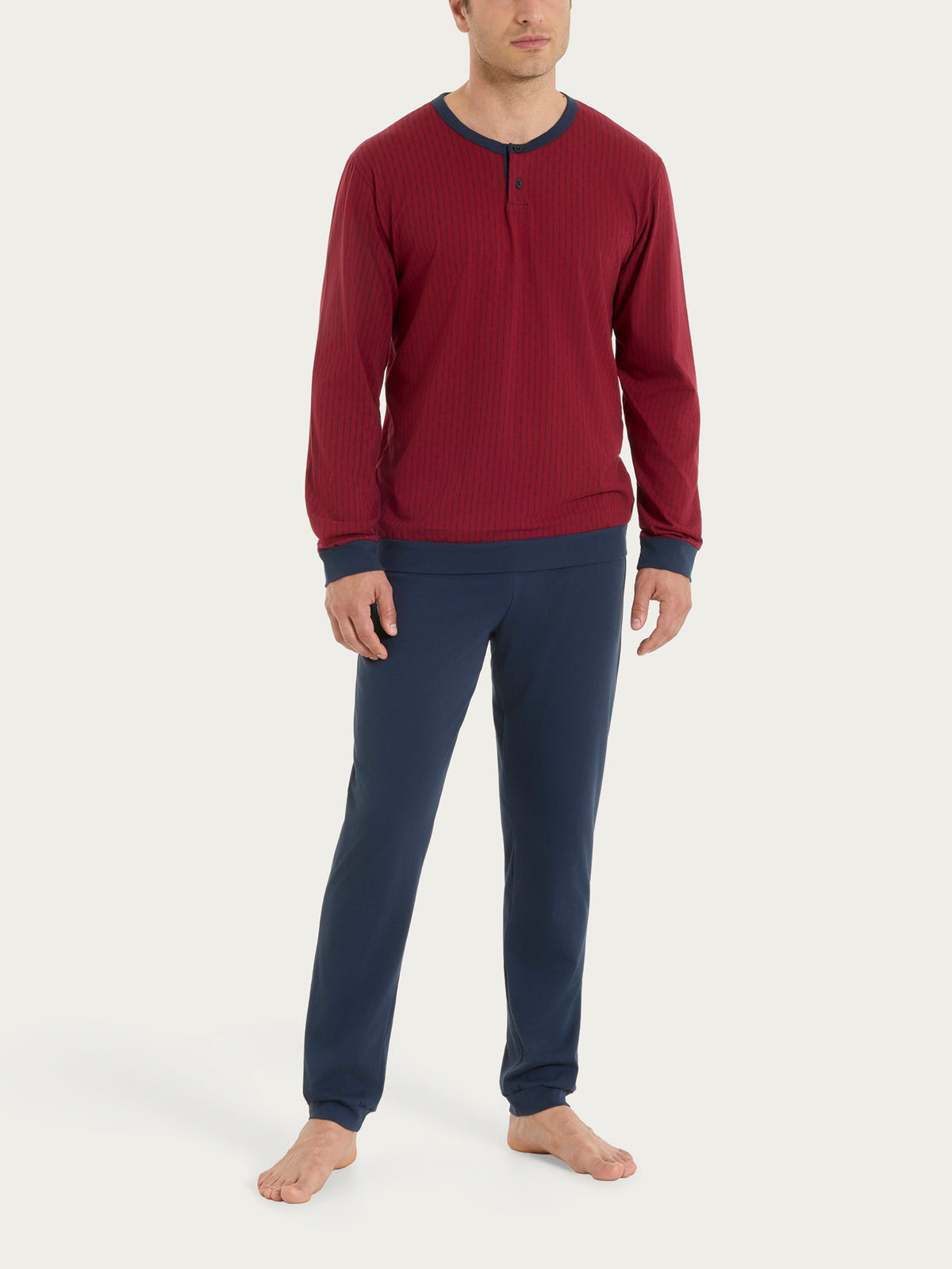 Pigiama lungo con dettagli micro geometrici in Jersey di Cotone Rossi Uomo - Ragno