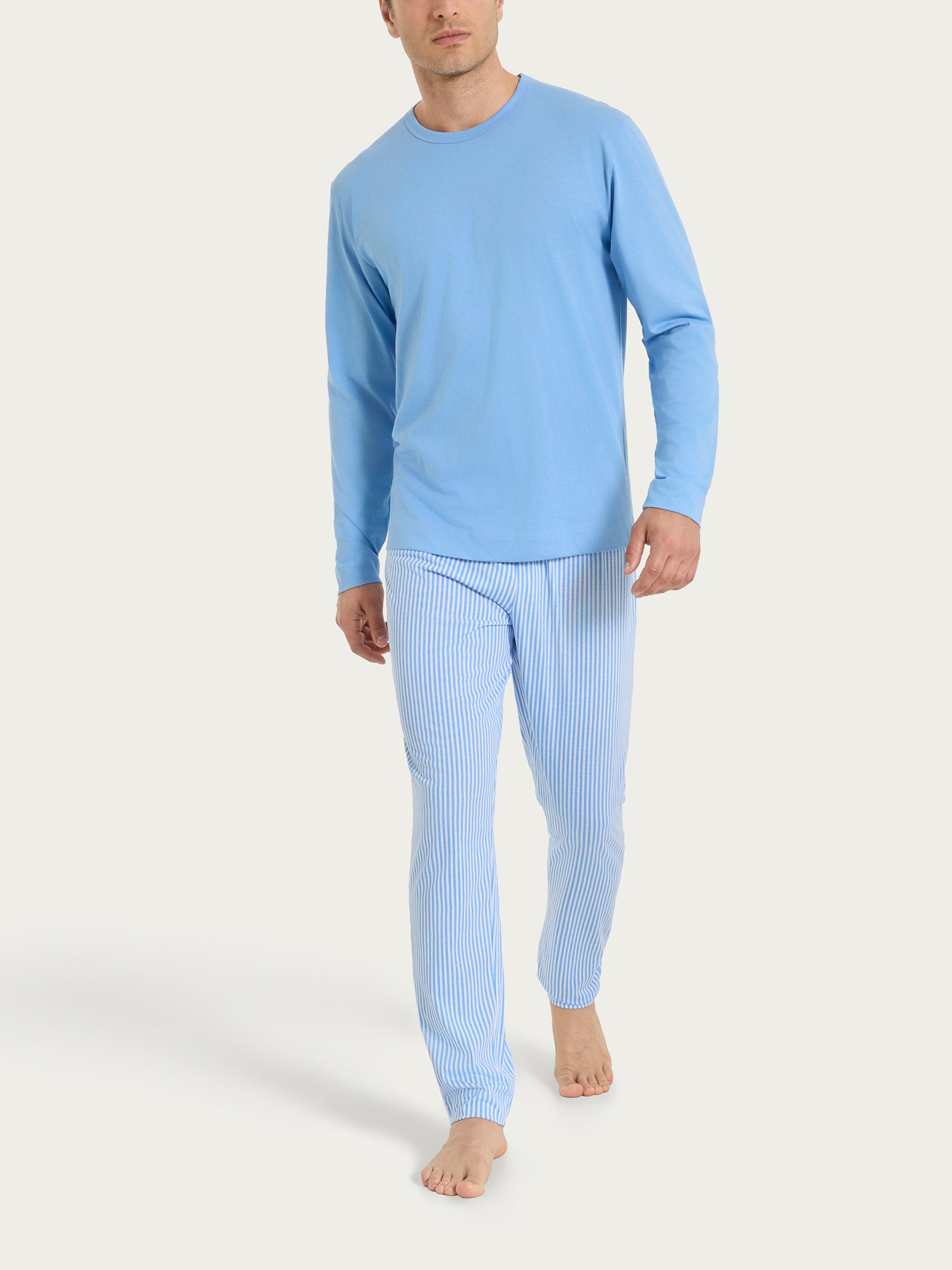 Pigiama lungo a righe con girocollo in Jersey di Cotone Bianchi Uomo - Ragno