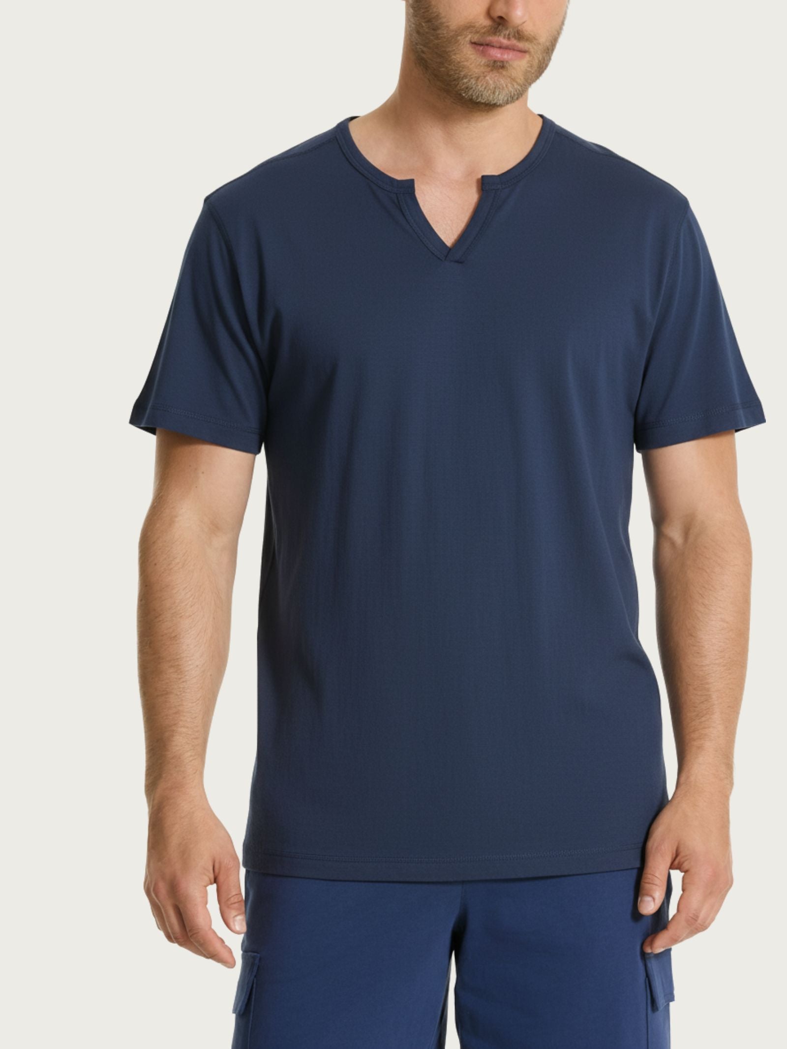 T-shirt con scollo a V in slub jersey di cotone Blu Uomo - Ragno