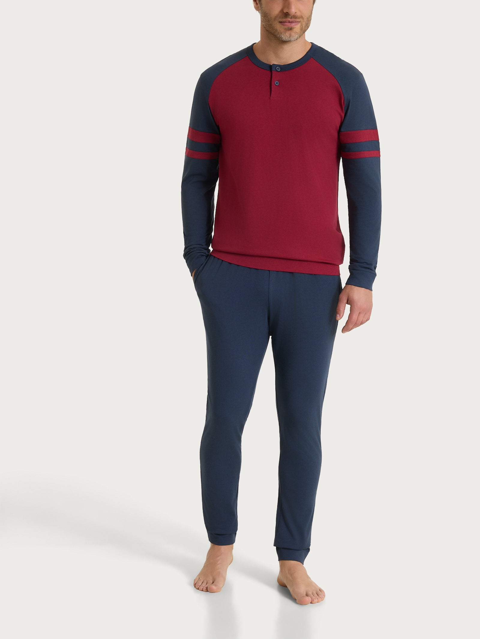 Pigiama lungo a serafino con dettagli sulle maniche in Jersey di Cotone Rossi Uomo - Ragno