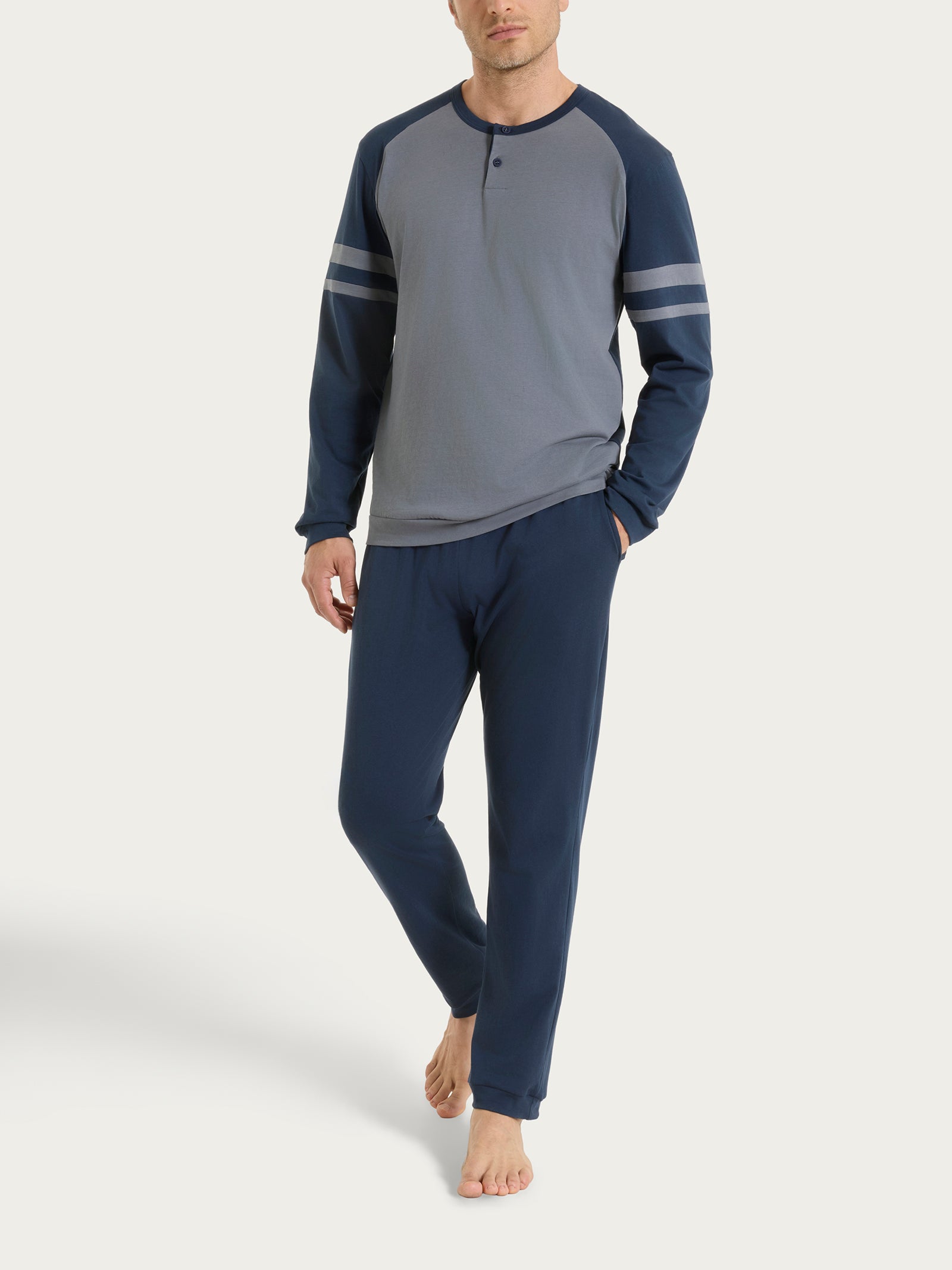 Pigiama lungo a serafino con dettagli sulle maniche in Jersey di Cotone Grigi Uomo - Ragno