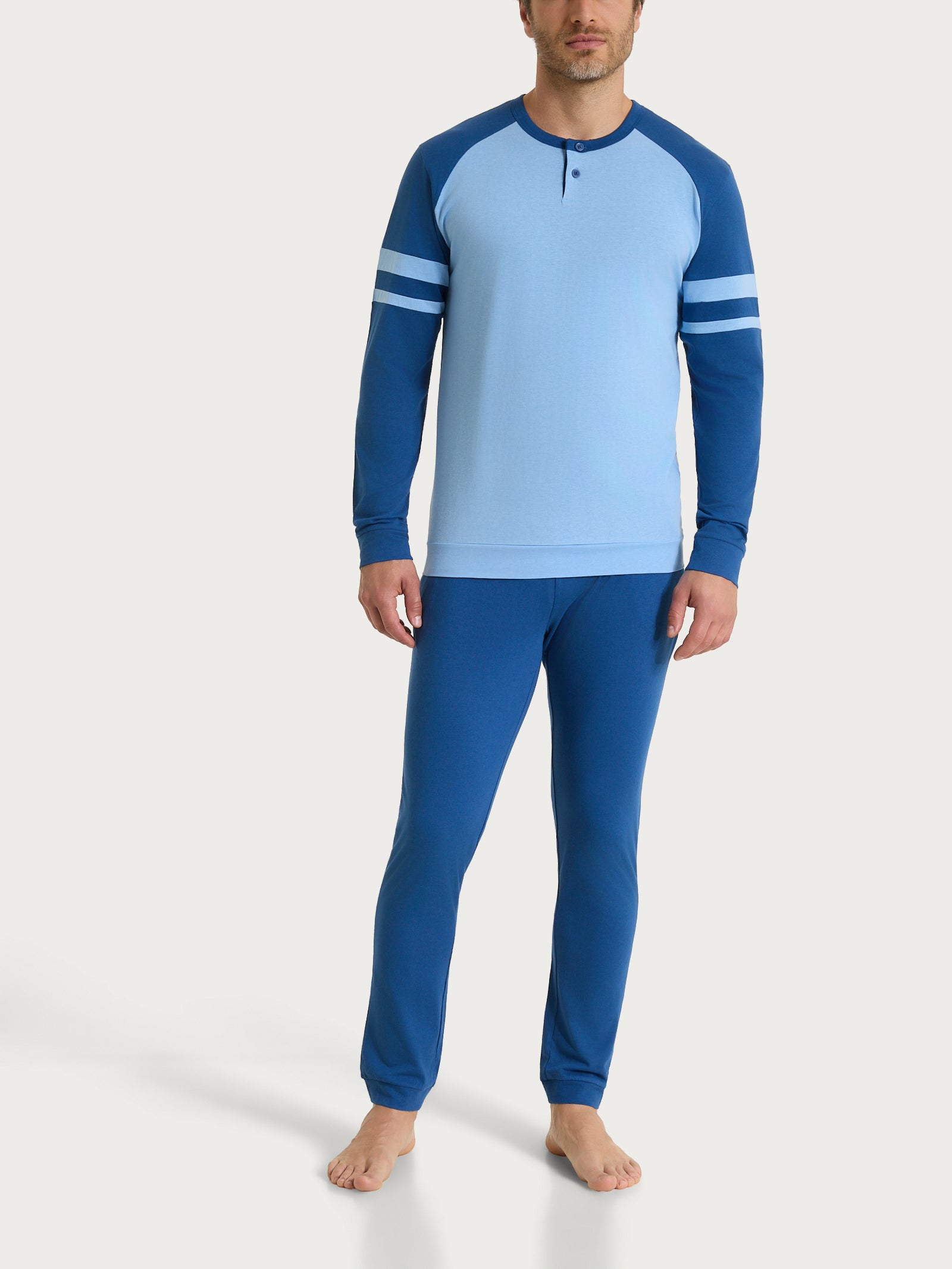 Pigiama lungo a serafino con dettagli sulle maniche in Jersey di Cotone Azzurri Uomo - Ragno