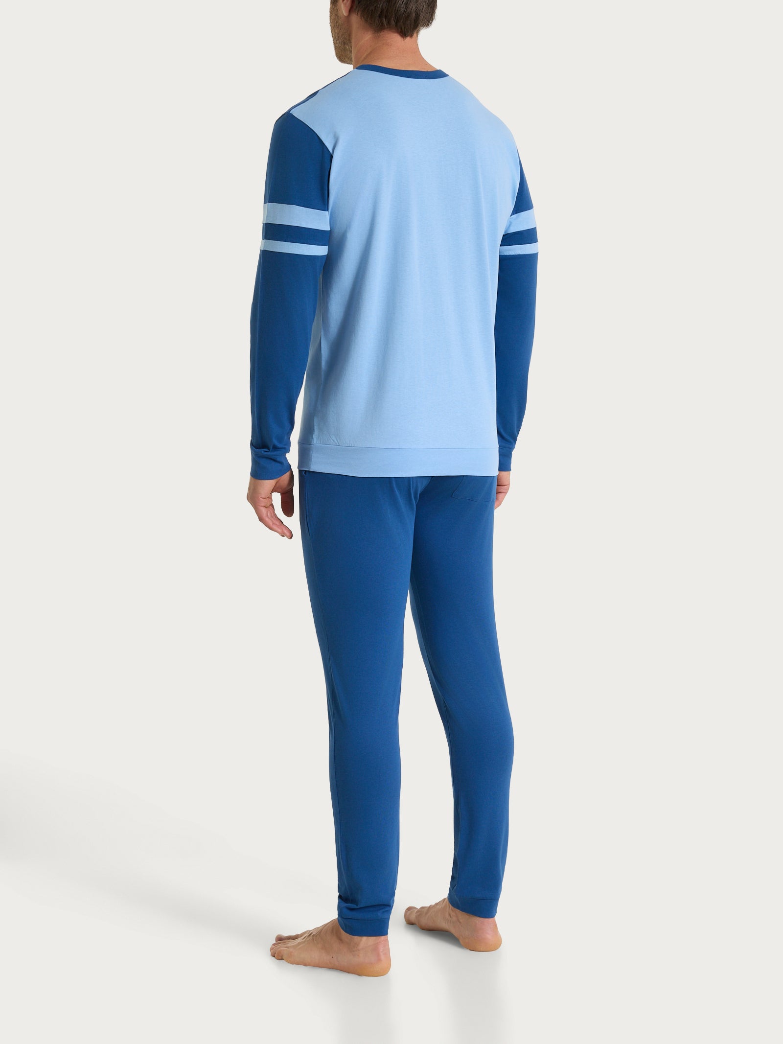 Pigiama lungo a serafino con dettagli sulle maniche in Jersey di Cotone Azzurri Uomo - Ragno