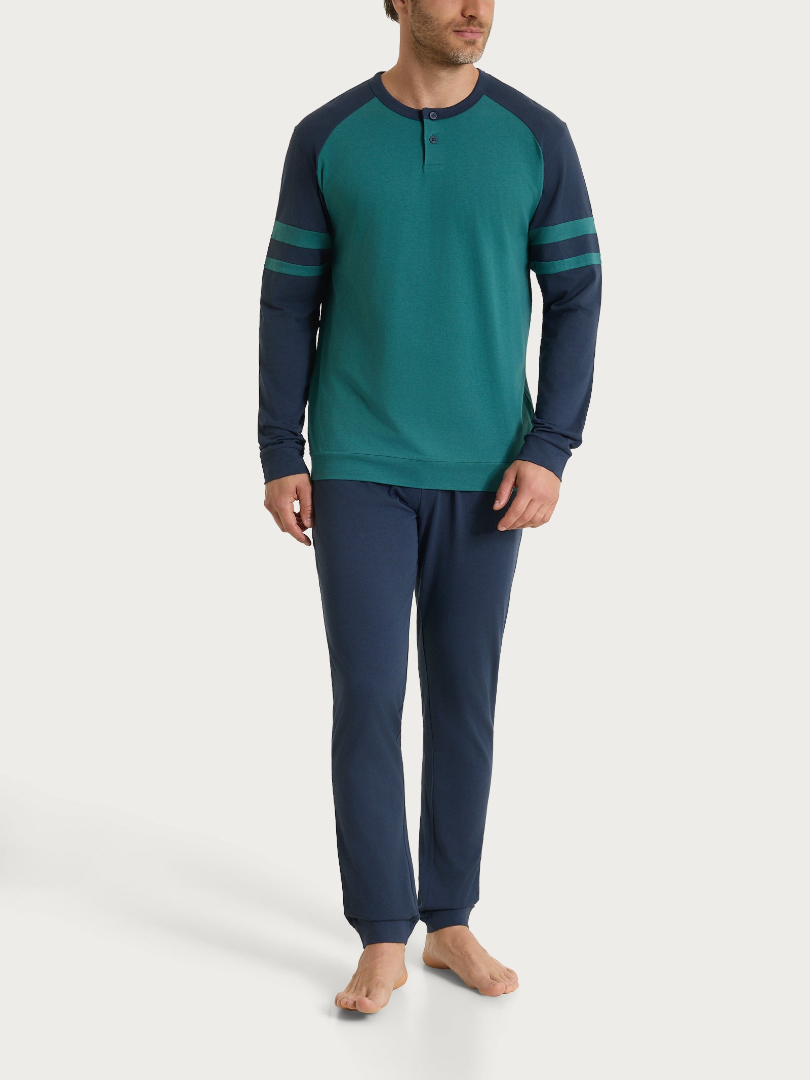 Pigiama lungo a serafino con dettagli sulle maniche in Jersey di Cotone Verdi Uomo - Ragno