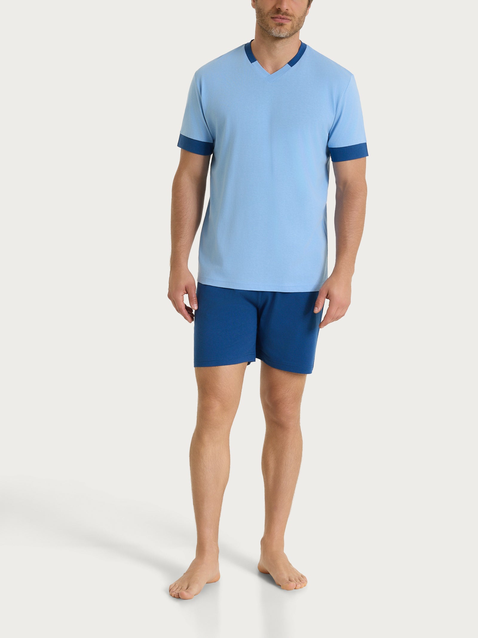 Pigiama corto con scollo a V e dettagli in Jersey di Cotone Azzurri Uomo - Ragno