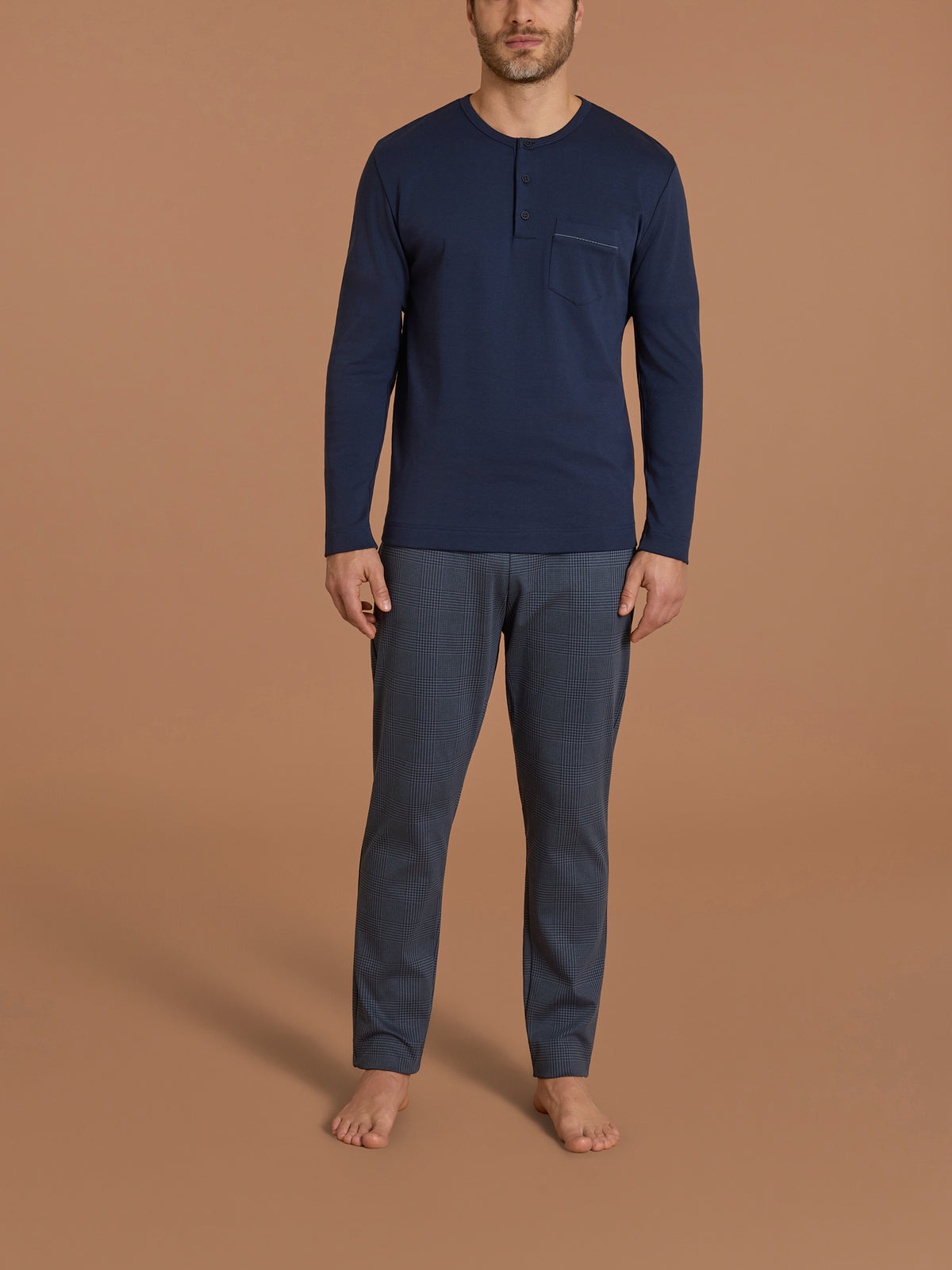 Pigiama serafino con taschino in interlock di cotone Blu Uomo - Ragno