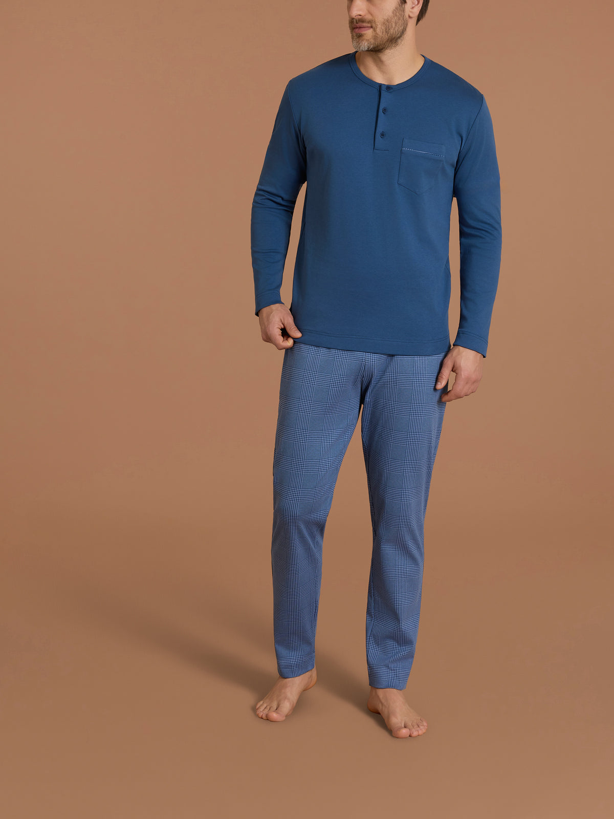 Pigiama serafino con taschino in interlock di cotone Azzurri Uomo - Ragno
