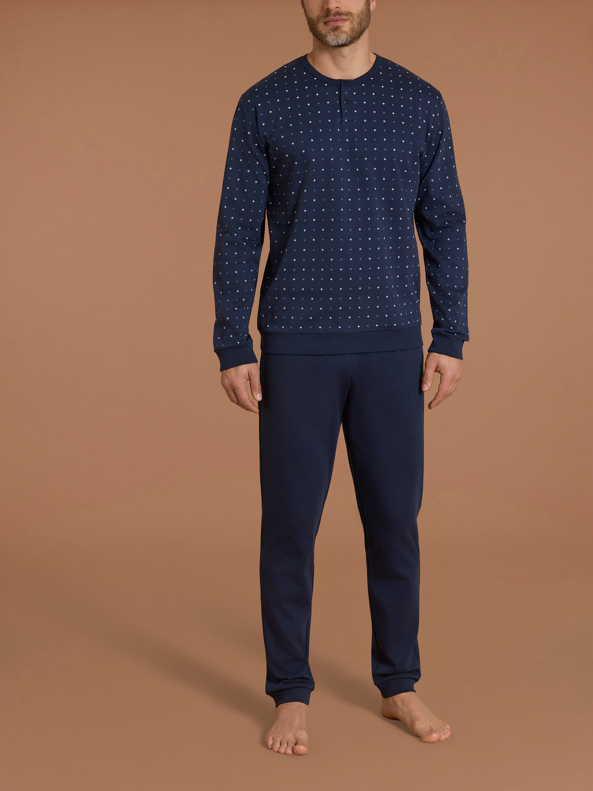 Pigiama serafino con fantasia geometrica in interlock di cotone Blu Uomo - Ragno