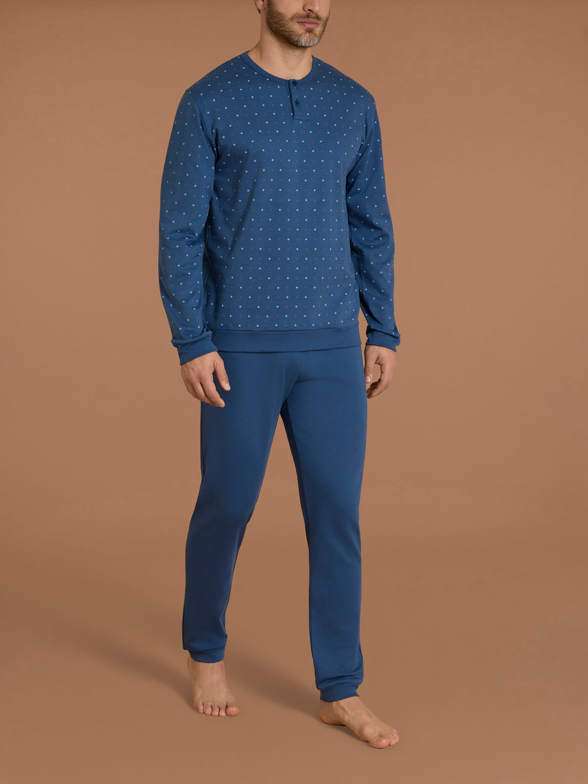 Pigiama serafino con fantasia geometrica in interlock di cotone Azzurri Uomo - Ragno