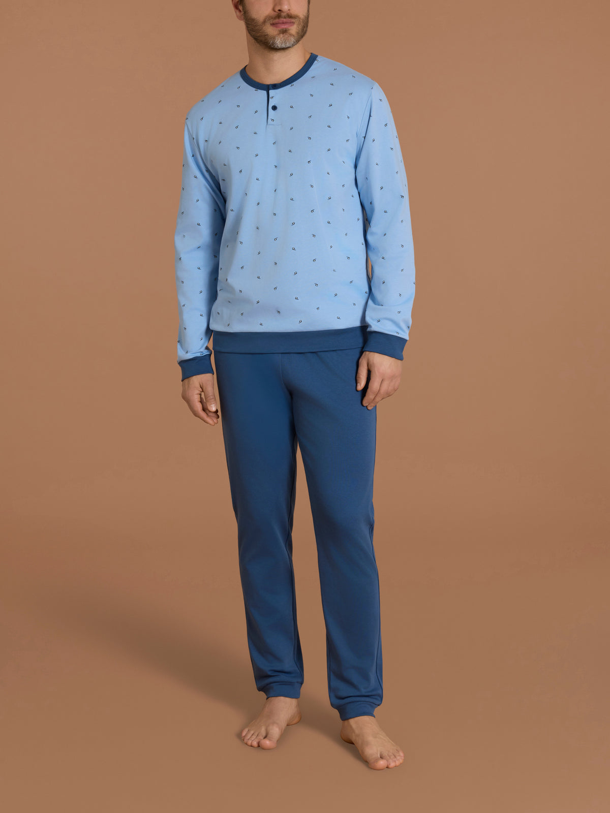 Pigiama serafino con fantasia geometrica in interlock di cotone Azzurri Uomo - Ragno