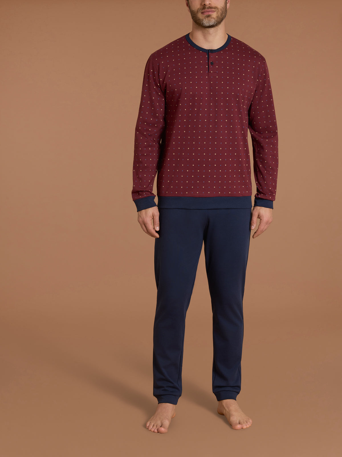 Pigiama serafino con fantasia geometrica in interlock di cotone Marroni Uomo - Ragno