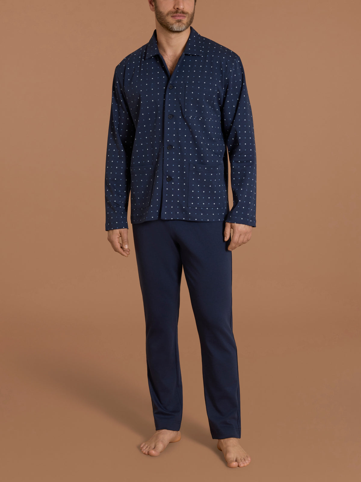 Pigiama aperto con fantasia geometrica in interlock di cotone 44-56 Blu Uomo - Ragno