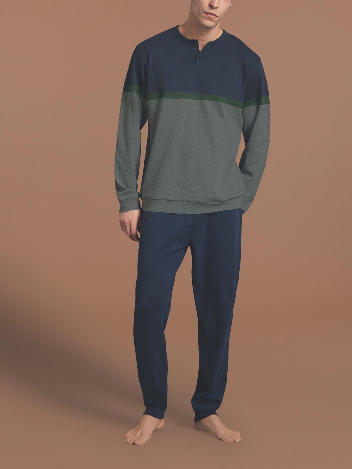 Pigiama serafino con fasce orizzontali in interlock di cotone Blu Uomo - Ragno
