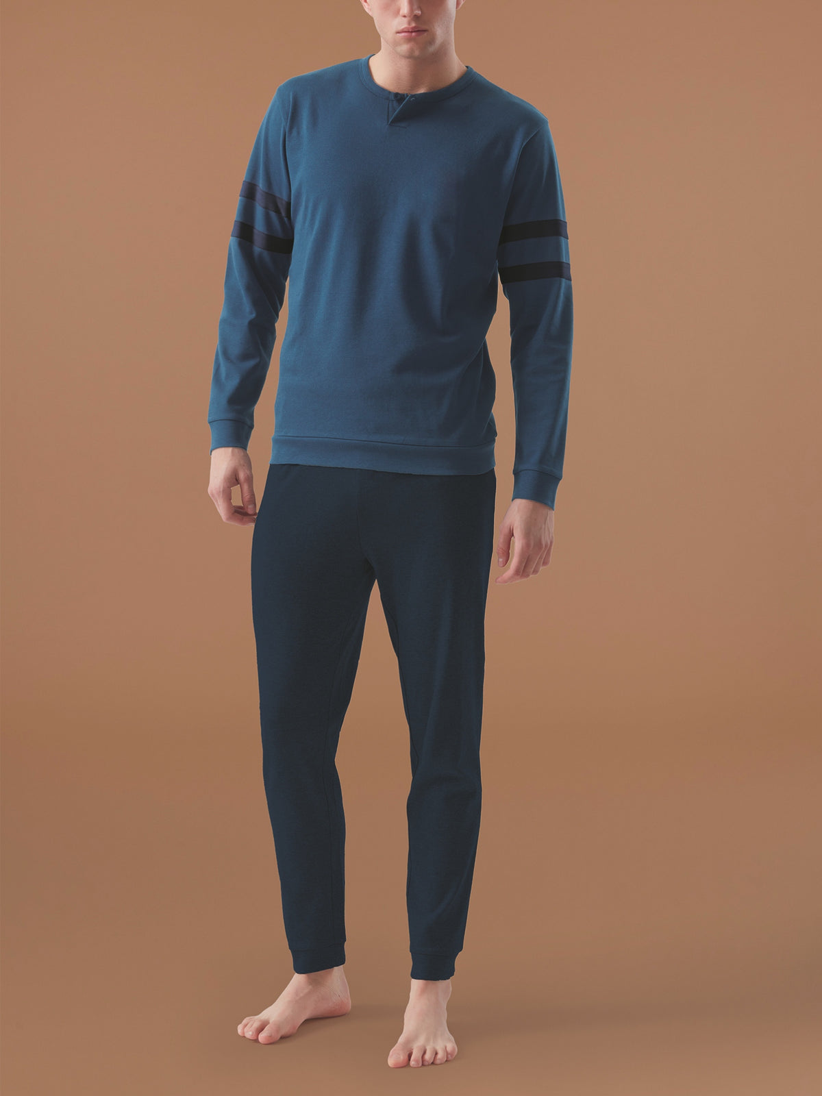 Pigiama serafino con micro fascie in interlock di cotone Azzurri Uomo - Ragno